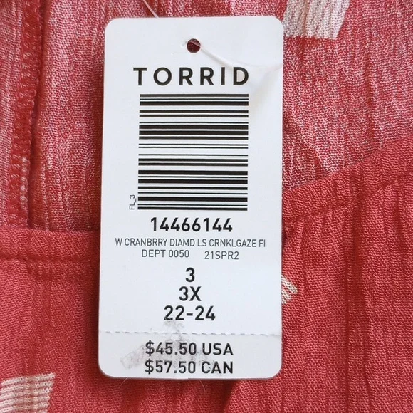 NWT Torrid Cranberry Diamond Long Sleeve Crinkled Gauze Top Tunic 3 - Picture 4 of 7